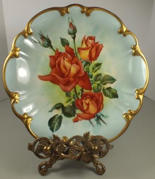 Large Vintage Koenig Art Studio Bavaria Porcelain Charger W/ Hand Painted Roses