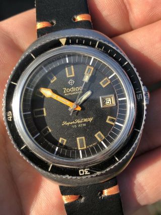 Vintage Zodiac Seawolf 75atm Swiss Made Automatic Mens Diver Watch 43mm