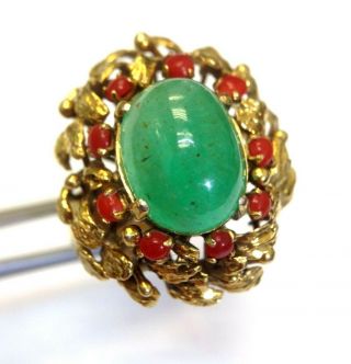 Vintage 14k Yellow Gold Vintage Floral Leaf Ring Coral And Emerald Size 7.  75