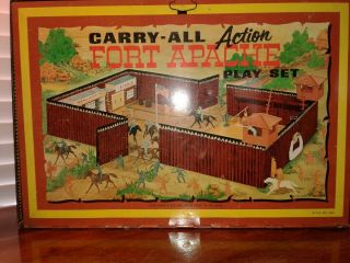 Vtg Louis Marx & Co 1968 Carry - All Fort Apache Play Set Tin Case W/toy Figures