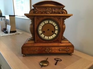 Spairs / Repair Fine Looking H.  A.  C Chiming Wood Mantel Clock Key & Pendulum