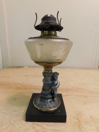 Antique Cast Metal Figural Baby Boy& Piller Base Oil Lamp Eagle Burner 12 " Tall