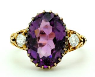 A Wonderful 8ct Amethyst & 1ct Old Mine Cut Diamond Three Stone Ring Circa 1800s