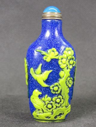 Chinese Plum Blossom Bird Butterfly Carved Peking Overlay Glass Snuff Bottle