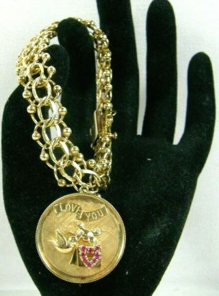 Vintage Heavy 14k Solid Yellow Gold Red Ruby I Love You Dove Charm Bracelet