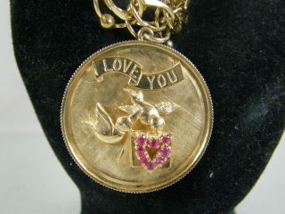 Vintage Heavy 14K Solid Yellow Gold Red Ruby I Love You Dove Charm Bracelet 2