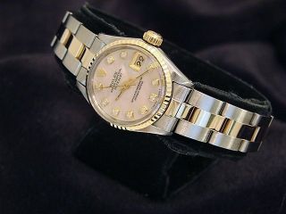 Rolex Datejust Ladies 14k Yellow Gold & Steel Watch Pink Mop Diamond Dial 6917