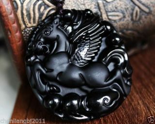100 Chinese Black Natural A Obsidian Carved Horse Pendant