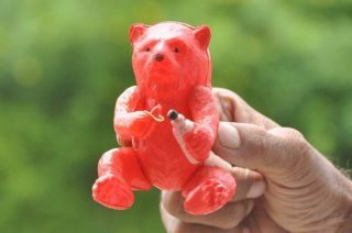 Vintage Red Celluloid Bear Drinking Juice Toy,  Japan