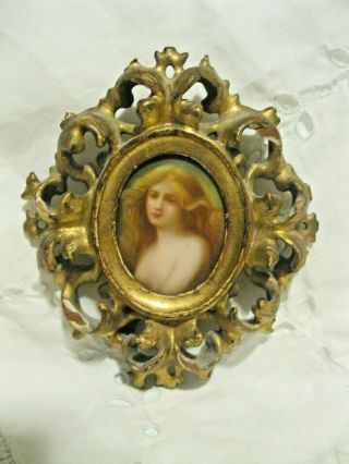Antique Ornately Wood Carved Picture Frame Porcelain Portrait Of Young Maiden