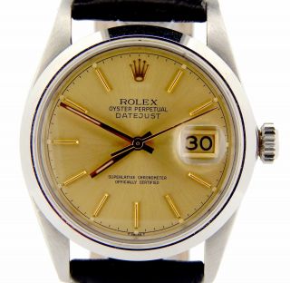 Rolex Datejust Mens Stainless Steel Champagne Dial & Black Leather Watch 16030