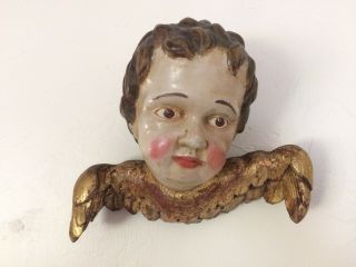 Exceptional Wood Carved Cherub Angel Head With Wings Vintage Austrian 6.  5 " X 8 "