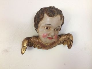 Exceptional wood carved Cherub Angel Head with wings vintage Austrian 6.  5 