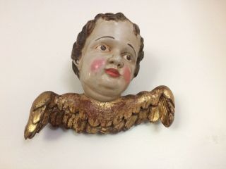 Exceptional wood carved Cherub Angel Head with wings vintage Austrian 6.  5 