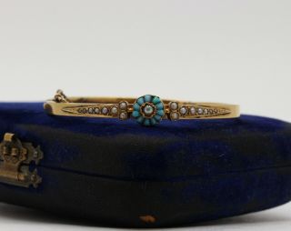 French Victorian Turquoise And Seed Pearl 18k Gold Bangle Bracelet