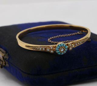 French Victorian Turquoise And Seed Pearl 18K Gold Bangle Bracelet 3