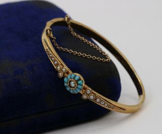 French Victorian Turquoise And Seed Pearl 18K Gold Bangle Bracelet 5