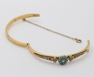 French Victorian Turquoise And Seed Pearl 18K Gold Bangle Bracelet 7