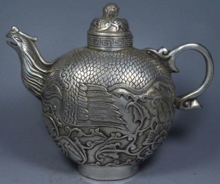 Old Collectable Handwork Miao Silver Carve Dragon Phoenix Exorcism Evil Tea Pot