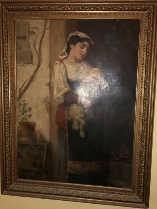 ANTIQUE VICTORIAN OIL PAINTING by W.  P.  MORGAN “MOTHER HOLDING BABY” 6