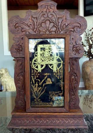 Antique Ornate Carved Oak Gingerbread Clock Cabinet Case Glass Door 22 " Parts