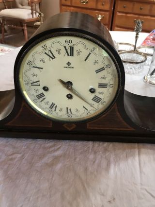 Vintage Inlaid Wood Chime Mantle Clock With Key