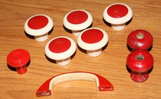 9 Vintage Drawer Pulls 7 Plastic 2 Glass Door Handles Knobs Red