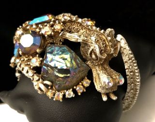 Rare Vintage Signed Har Fantasy Whitewashed Jeweled Dragon Clamper Bracelet A66