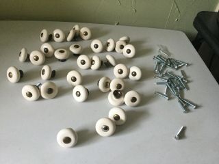 33 Vtg Cream Porcelain Hardware Drawer Pulls Knobs,  Screws