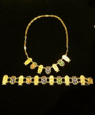 Vintage 18K Gold & Enamel Scarab Hieroglyphic Egyptian Bracelet and necklace set 2