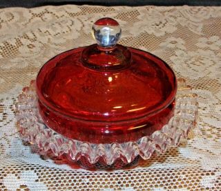 Antique Cranberry Glass Covered Candy Dish / Powder Box Applied Rigaree Trim