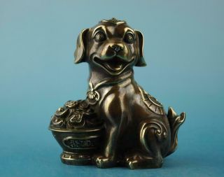 Chinese Old Copper Hand - Carved Yuanbao Wealth Dog Statue F01