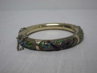 Antq Chinese Export Silver Enameled Repousse Bangle Bracelet W/ Birds,  Flowers