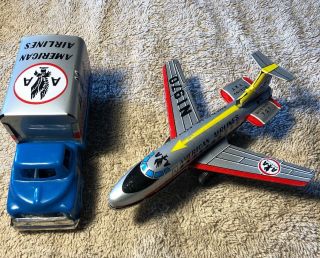 Vintage American Airlines Tin Friction Toy Set Plane & Truck Made In Japan