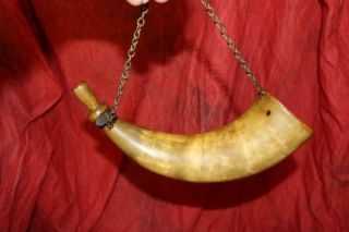 Rare Antique Hunting Horn W/integral Carved Mouthpiece & Chain