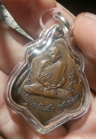 Rare Old Thai Amulet Buddha Lp Kuay With Talisman Luck Love Thailand Coin Case