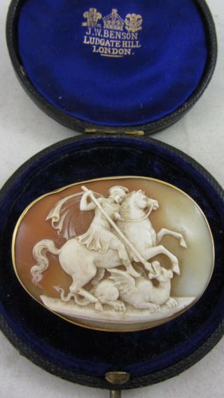 Antique Victorian Cameo 9ct Gold Thick Mount St George And The Dragon Italian