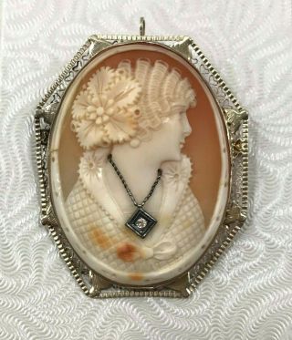 Vintage 1940s Cameo Carved Shell Coral Color Brooch Pin Diamond Inset Gold Frame