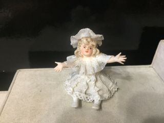 Antique Baby Girl Figurine Dressed White Porcelain Lace Dresden - German