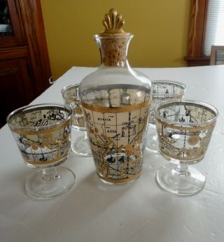 Midcentury 5 Pc Cera 22kt Gold Ancient Map The World 4 Glass Decanter Cork