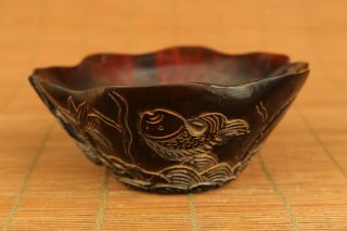 chinese old yak horn hand carving fish crane statue bowl cup wine glass decorate 2