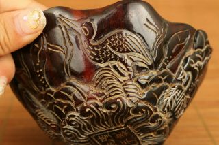 chinese old yak horn hand carving fish crane statue bowl cup wine glass decorate 4