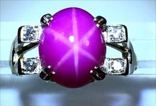 Stunning 4.  8ct Clearly Visible 6 - Ray Star Ruby Diamond Ring In 14k White Gold