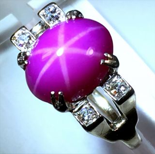 Stunning 4.  8ct Clearly Visible 6 - Ray STAR Ruby Diamond Ring In 14k White Gold 3