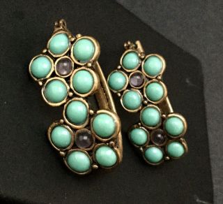 Antique Georgian 9k 9ct Yellow Gold Turquoise Cluster Moonstone Earrings