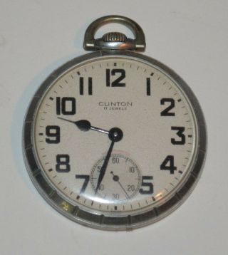 Clinton 17 Jewel 16 Size Pocket Watch With Train Etched On Back Case Exc Runner