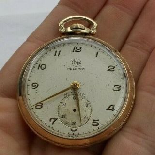 Rare Vintage Antique 1.  75 " Wind Up Helbros Gold Plated Filled Pocket Watch