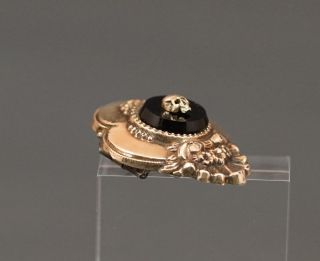 Exceptional 14k fine Gold Victorian Mourning Pin Brooch Memento Mori Skull Onyx 5