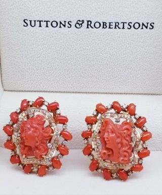 18k Victorian Style Yellow Gold Diamond And Coral Cameo Earrings Est.  1.  80ct