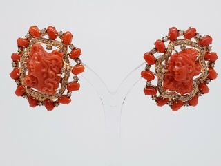 18K Victorian Style Yellow Gold Diamond and Coral Cameo Earrings Est.  1.  80ct 2